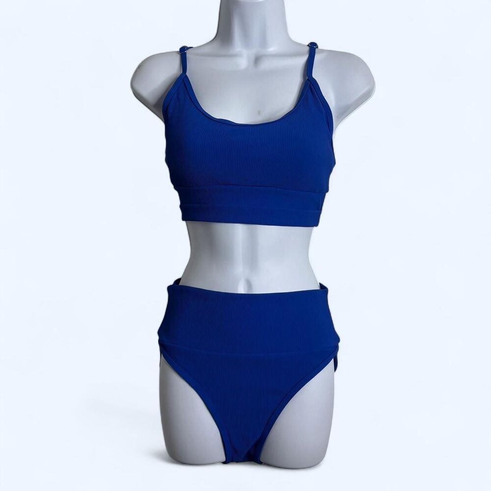 Size S Blue Ribbed High Waisted Bikini Set Brand New